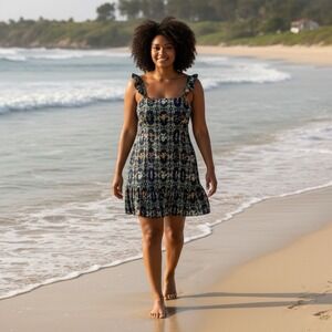 Agua‎ Bendita Target Plus 2X Tile Floral Ruffle Sleeves Pockets Coquette Dress